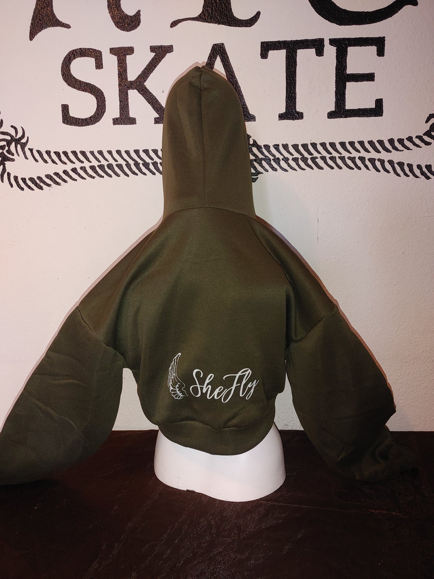 Olive green front pocket crop pullover hoodie shesweater